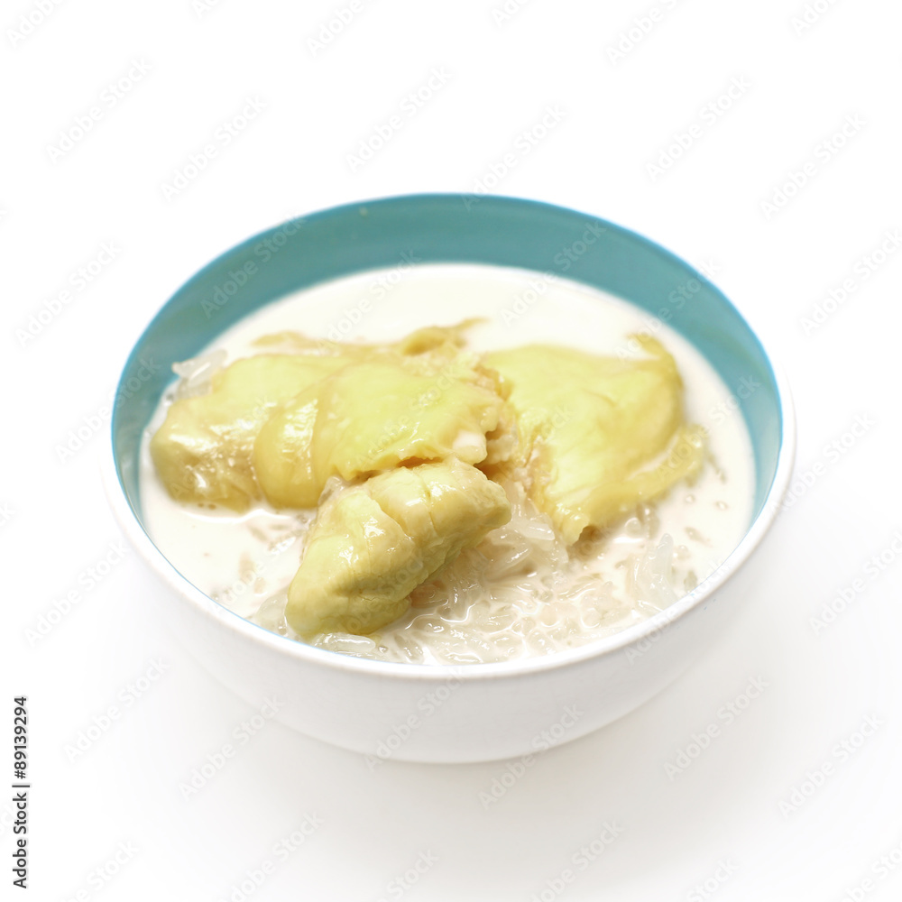 thai dessert, durian sticky rice with coconut milk sauce thai dessert, durian sticky rice with coconut milk sauce