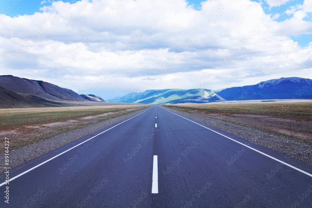 Naklejka premium Straight as an arrow road at the highland plain