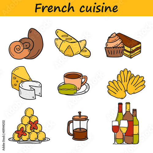 Set of cartoon cute hand drawn icons on french cuisine theme