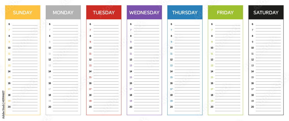 Week planning calendar in colors of the day Week planning calendar in colors of the day