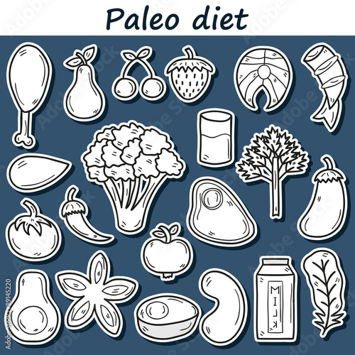 Set of stickers in hand drawn style on paleo diet theme: meat