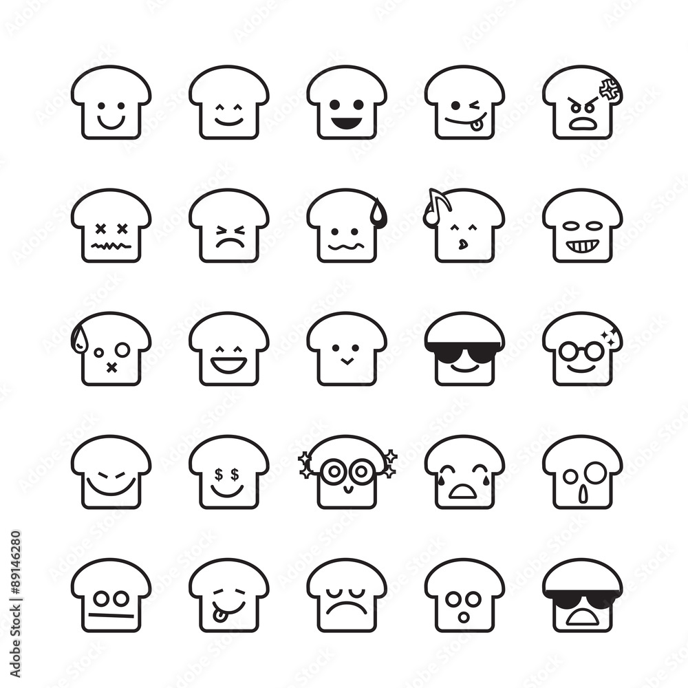 Collection of difference emoticon icon of bread icon on the whit Collection of difference emoticon icon of bread icon on the whit