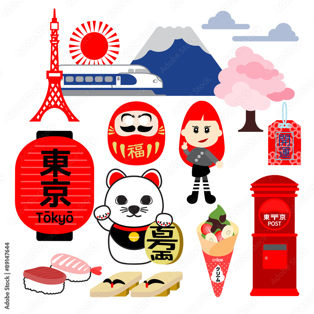 Obraz premium TOKYO Tokyo signatures such as place, icon, things, transportation and people are illustrated in easy and POP style.