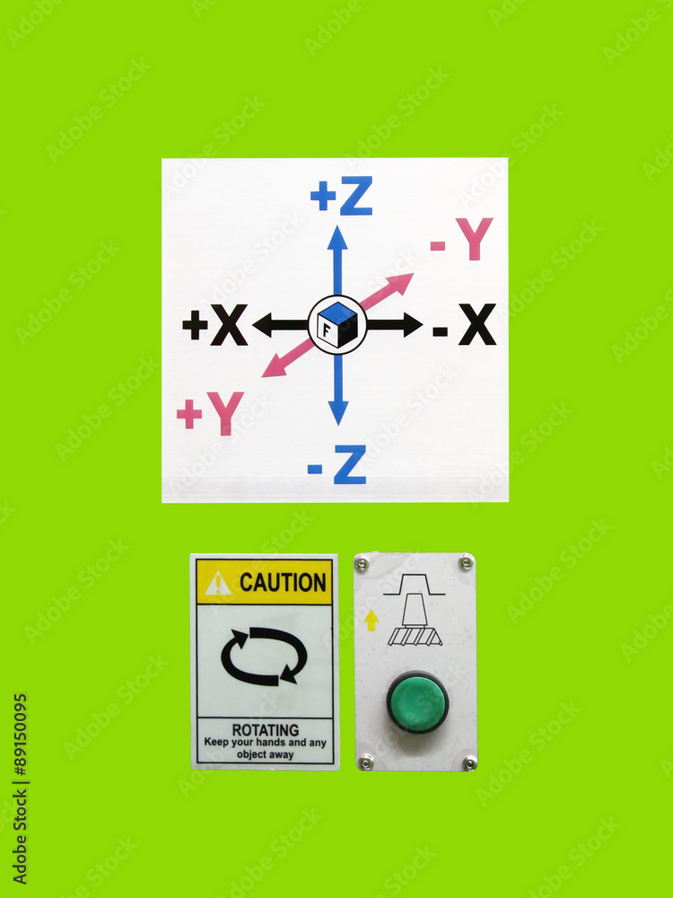 X Y Z axis arrows Board on Industrial Machine with Start Button Stock ...