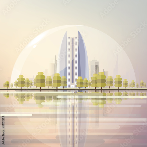 futuristic urban cityscape under air balloon reflecting in a water