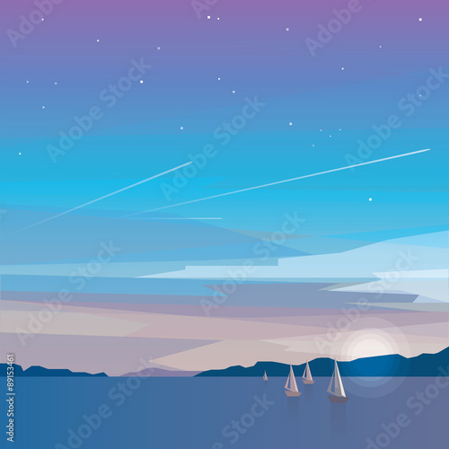 Beautiful minimalistic ocean view on evening night landscape with sailing boats on the sea and airplane flights in the sky