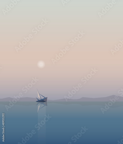 Tranquil minimalistic ocean view landscape scenery with old sinking ship in the misty sunrise