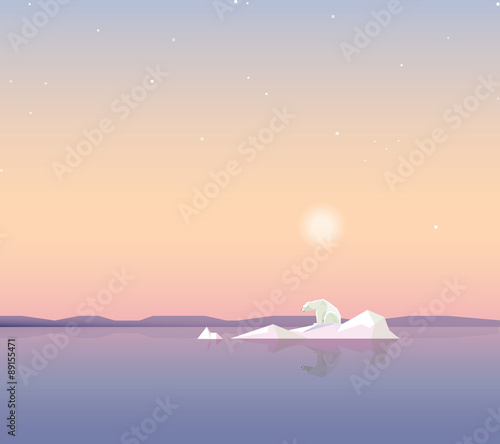 minimalistic contemporary touching global warming concept theme vector illustration wallpaper with lonely polar bear on a melting iceberg