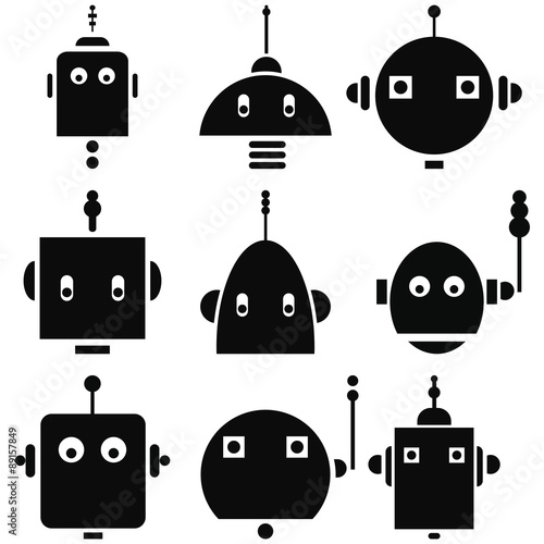 Vintage retro robots heads 2 icons set in black and white 
