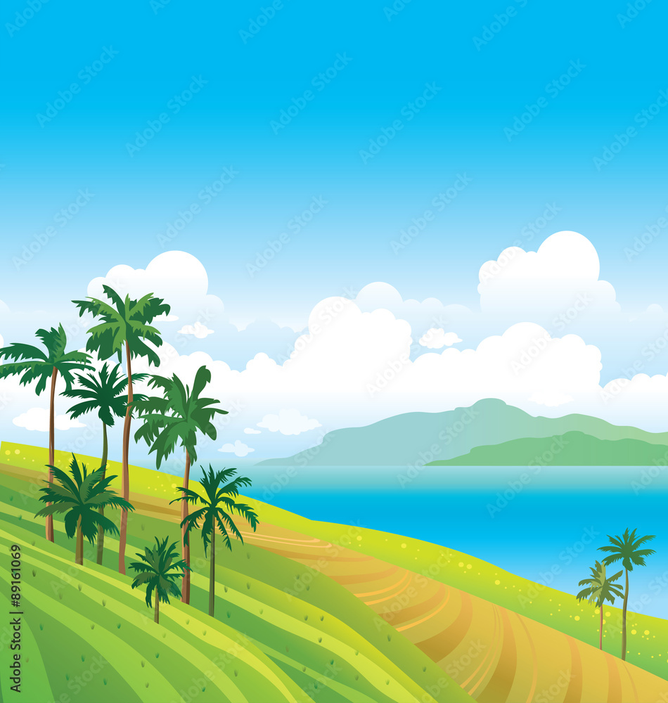 Tropical landscape with palms and sea. Tropical landscape with palms and sea.