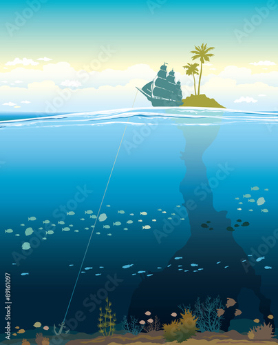 Underwater cave with coral reef and sail boat.