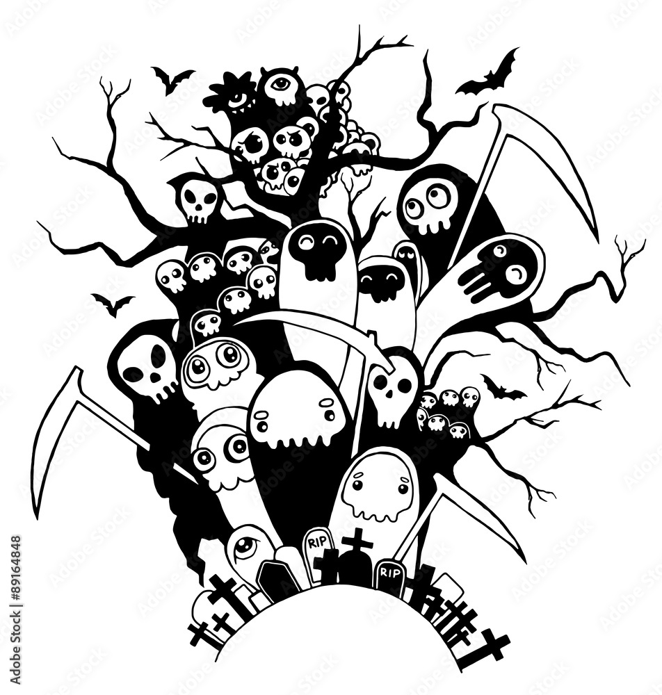 Hand drawn cute Death skeleton characters for Halloween Stock Vector ...