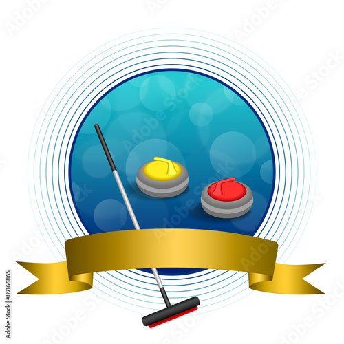Background abstract curling sport blue ice red yellow stone broom gold ribbon circle frame illustration vector