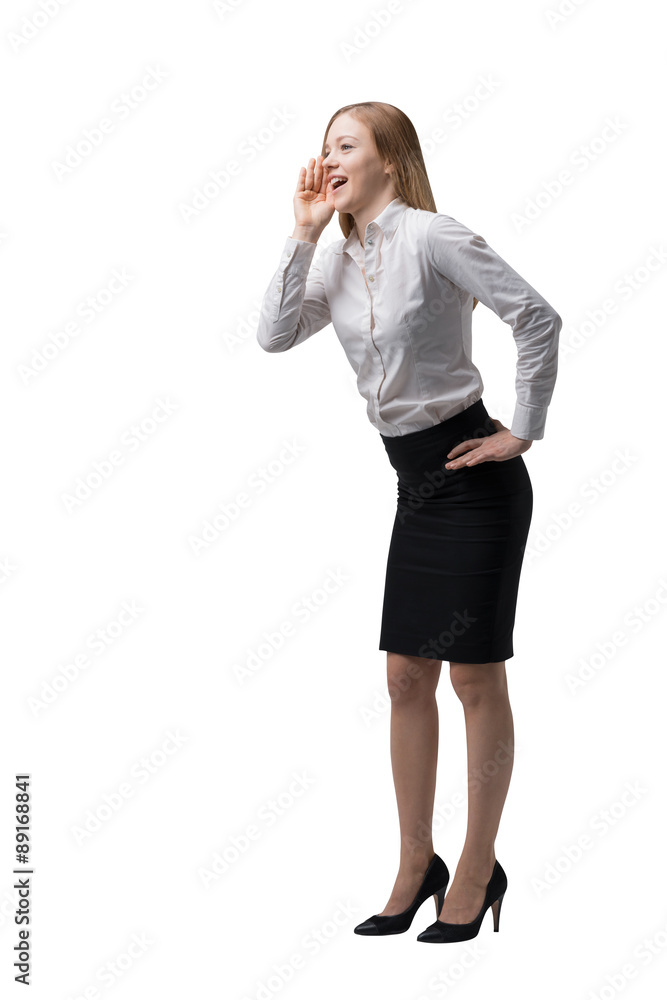 Full length side view of the business lady in formal clothes is trying to draw the attention to something. Isolated. Full length side view of the business lady in formal clothes is trying to draw the attention to something. Isolated.