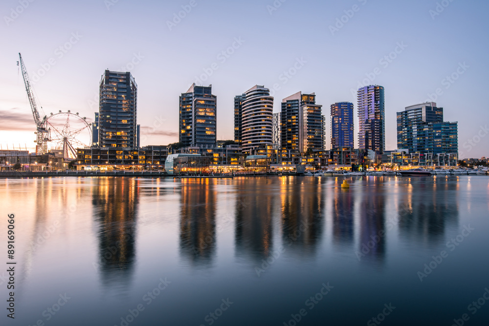 The docklands waterfront area of Melbourne in the evening, Australia.