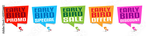 Early bird promo, early bird special, early bird sale, early bird offer, early bird discount