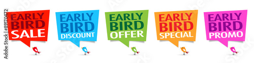 Early bird sale, early bird discount, early bird offer, early bird special, early bird promo