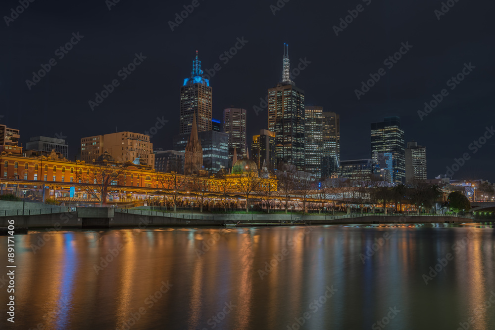 Night time, Melbourne city and flinders street station, Victoria, Australia.