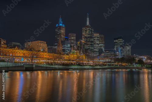 Night time  Melbourne city and flinders street station  Victoria  Australia.