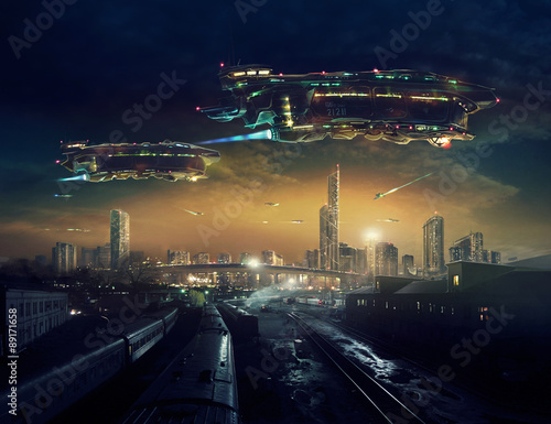 Fotografie, Obraz Urban landscape of post apocalyptic future with flying spaceships