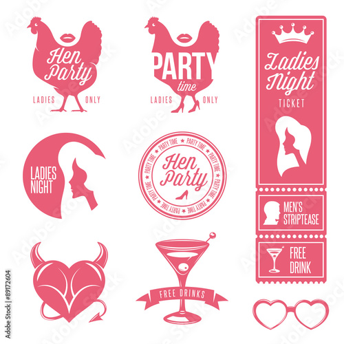 Hen party design elements set. Ladies night stamps, signs and