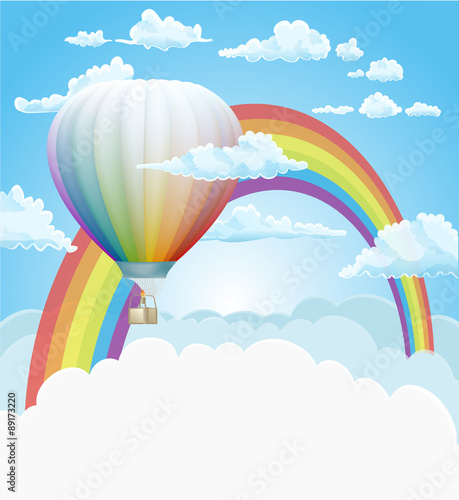 hot air balloon and rainbow in the clouds vector background