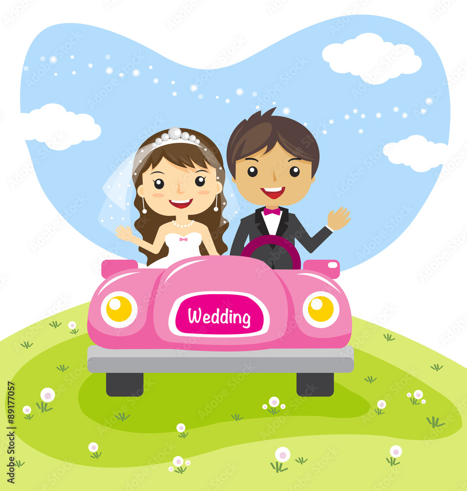 wedding couple in a car, cartoon married character design - vector illustration Stock Vector | Adobe Stock wedding couple in a car, cartoon married character design - vector illustration Stock Vector | Adobe Stock