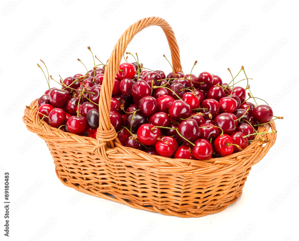 Sweet cherries (Prunus avium) in wicker basket