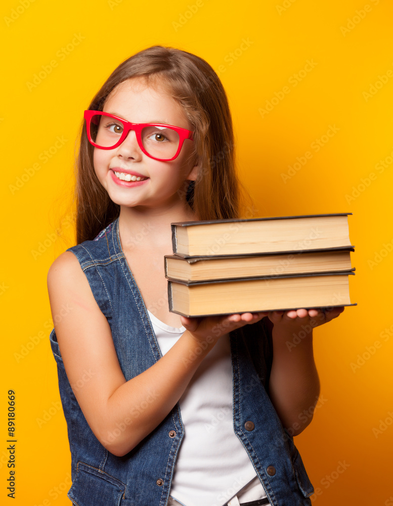girl in red glasses with books girl in red glasses with books