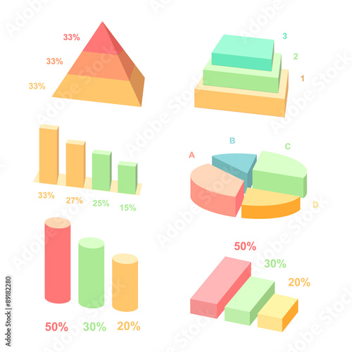 Isometric 3d vector charts.  layers graphs and pyramid diagram
