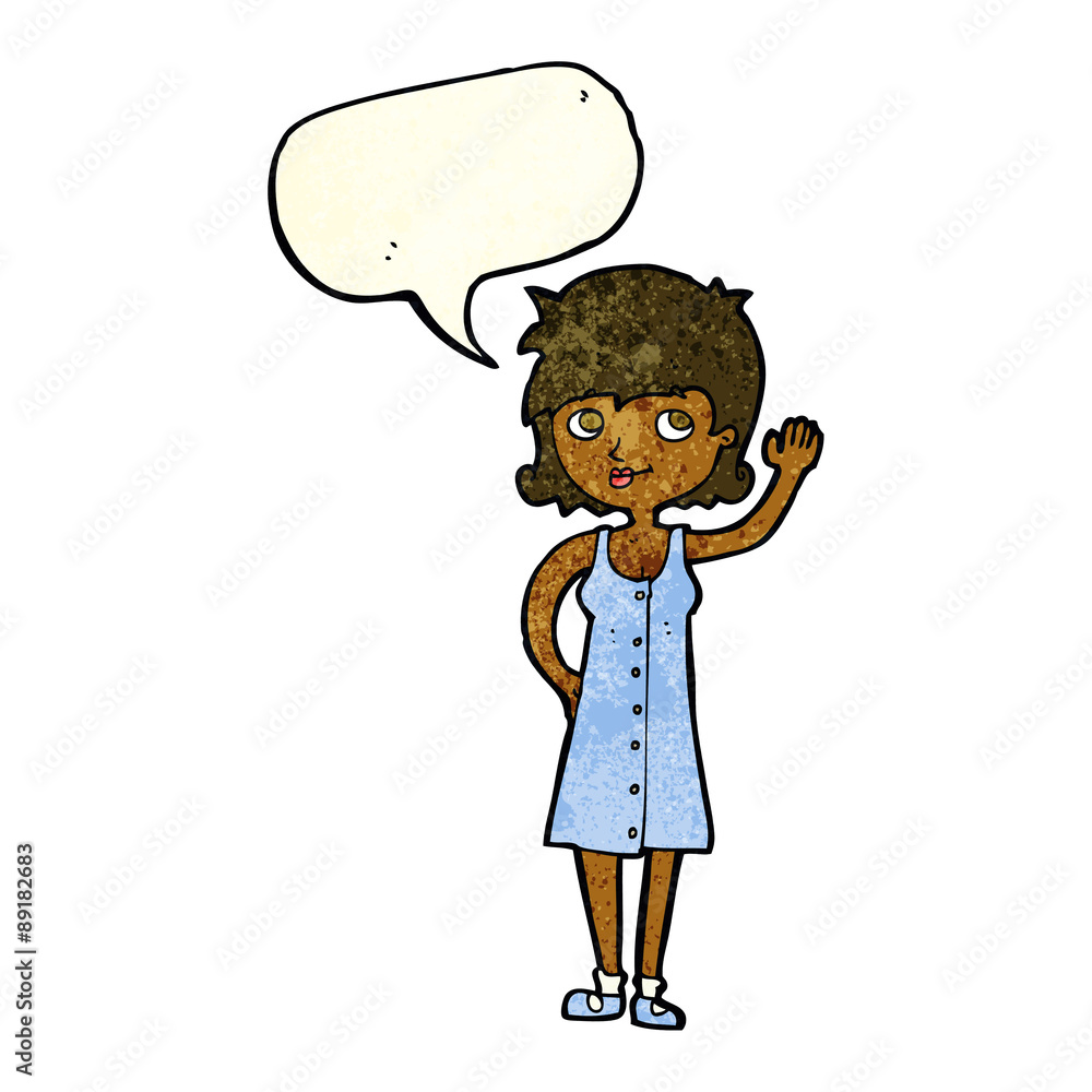 cartoon pretty woman waving with speech bubble cartoon pretty woman waving with speech bubble
