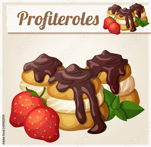 Profiteroles with chocolate and strawberry. Detailed vector icon