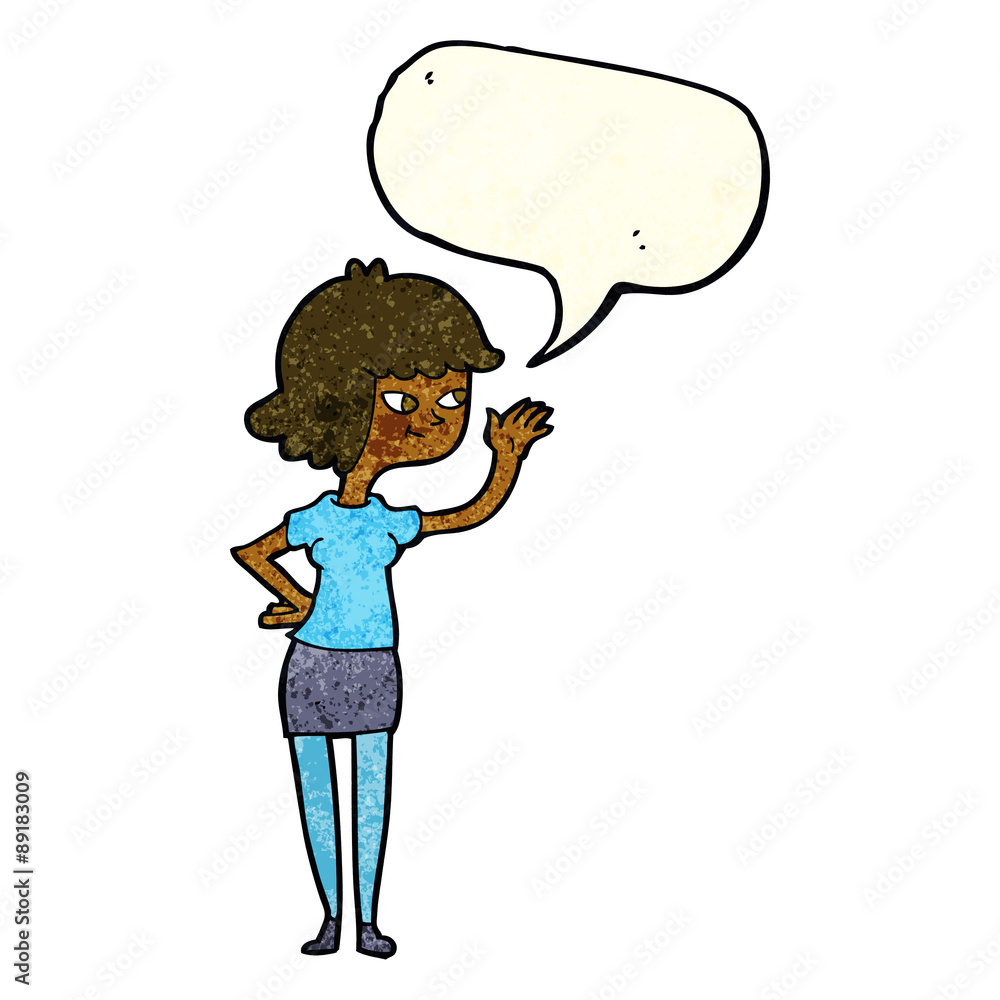 cartoon friendly girl waving with speech bubble cartoon friendly girl waving with speech bubble