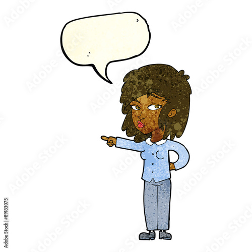 cartoon woman pointing with speech bubble