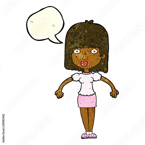 cartoon woman shrugging shoulders with speech bubble