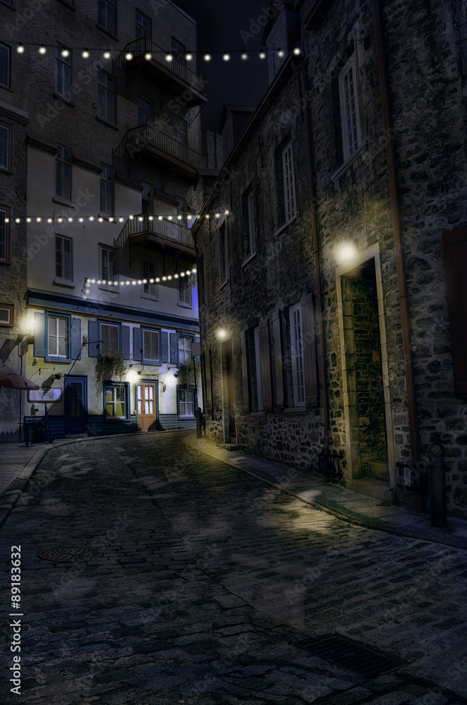 Old Quebec street at night,hdr.