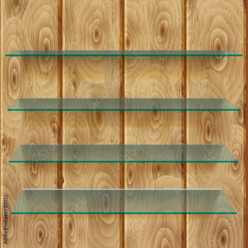 Glass shelves on wooden planks