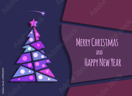 Merry Christmas and Happy New Year greeting card. Vector modern christmas tree background with space for text. Abstract illustration.