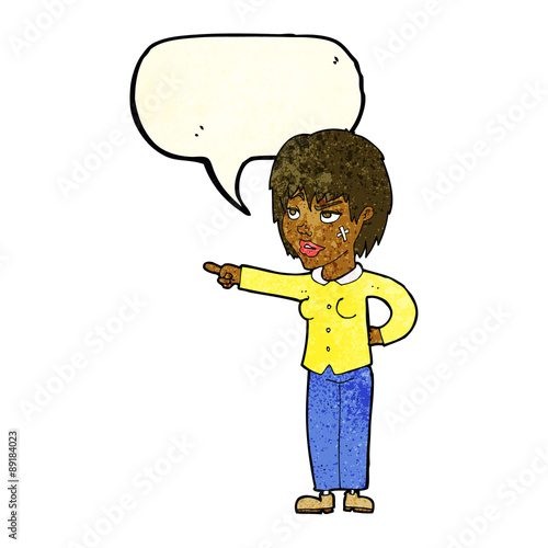cartoon woman pointing with speech bubble