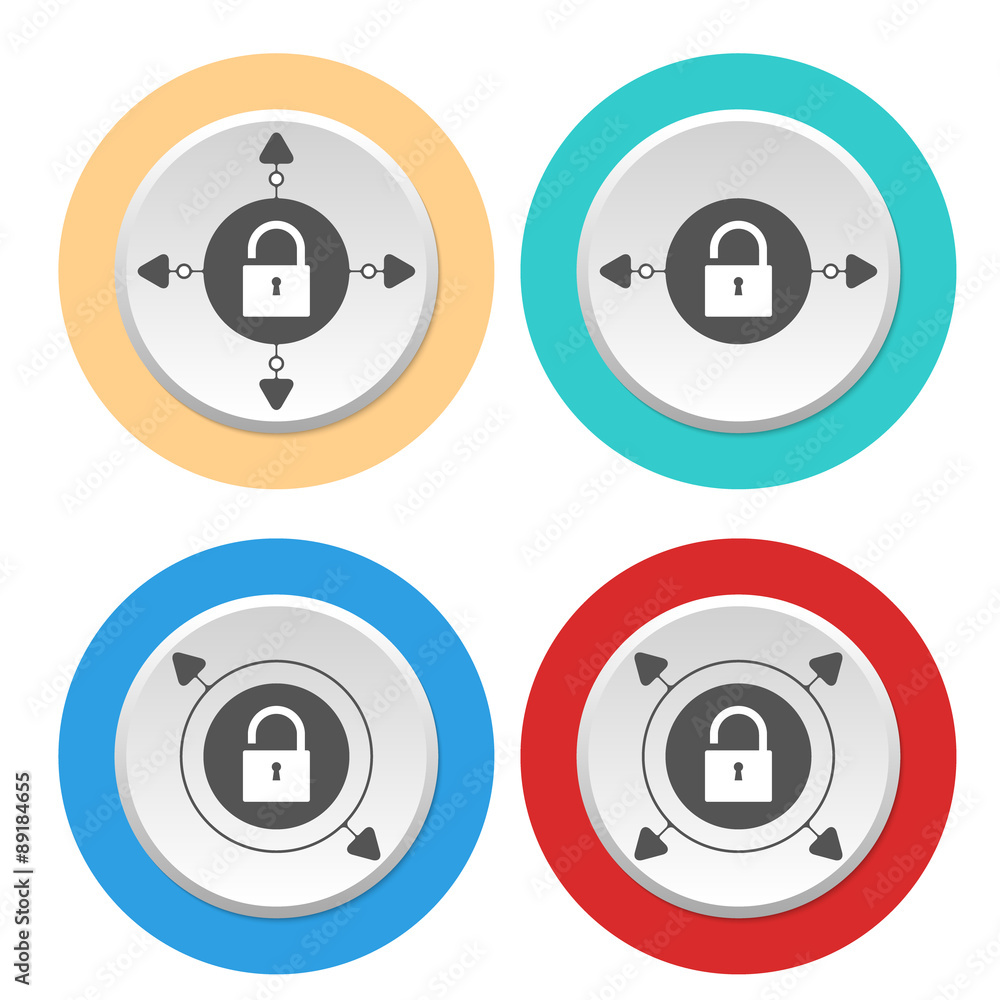 Four circular abstract colored icons and padlock Four circular abstract colored icons and padlock