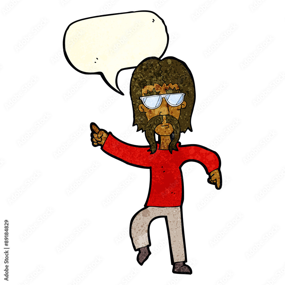 cartoon hippie man wearing glasses with speech bubble cartoon hippie man wearing glasses with speech bubble