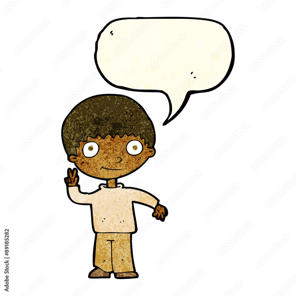 cartoon boy giving peace sign with speech bubble cartoon boy giving peace sign with speech bubble