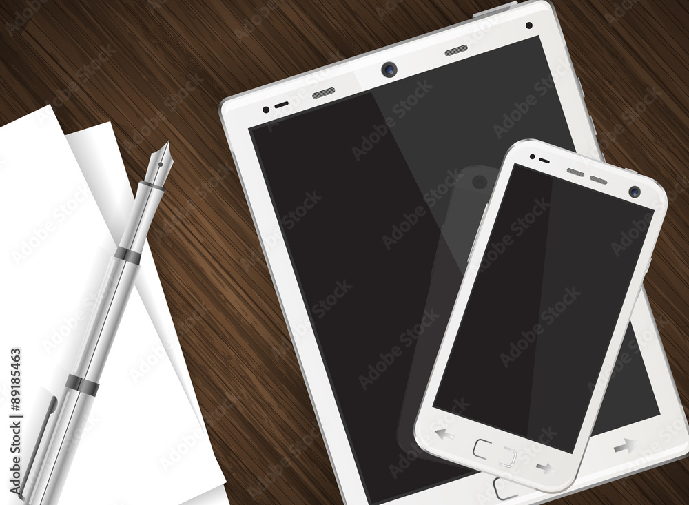 Smartphone and tablet on wooden table with paper and pen vector illustration Smartphone and tablet on wooden table with paper and pen vector illustration