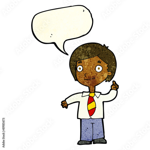 cartoon school boy answering question with speech bubble