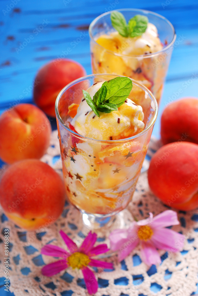 peach and vanilla ice cream with caramel and mint