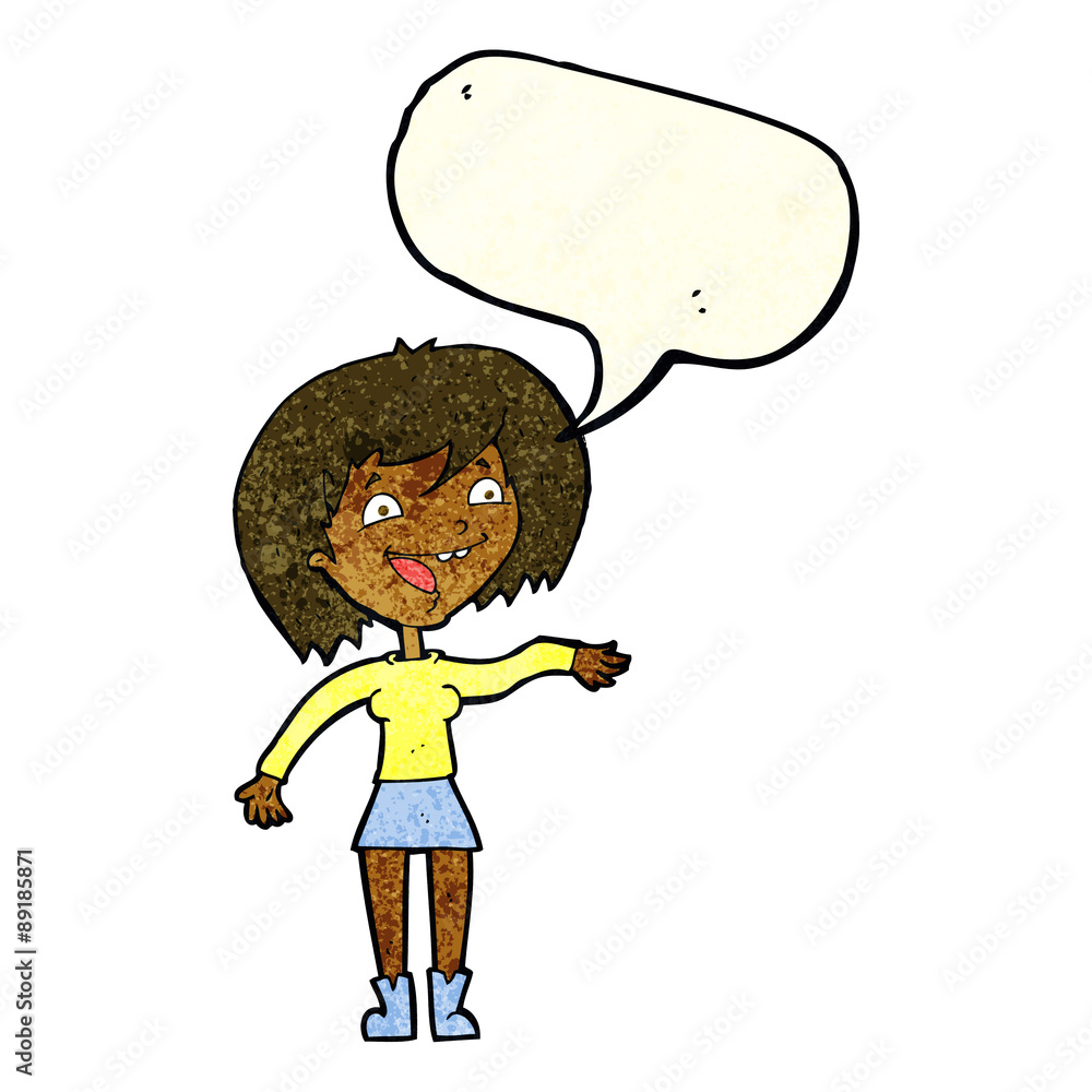 cartoon waving woman with speech bubble cartoon waving woman with speech bubble