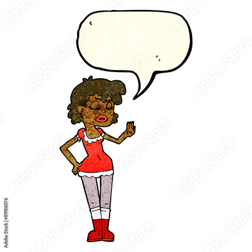 cartoon woman making dismissive gesture with speech bubble