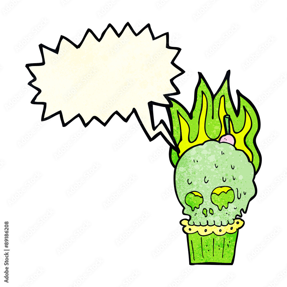 Fototapeta premium cartoon spooky skull cupcake with speech bubble