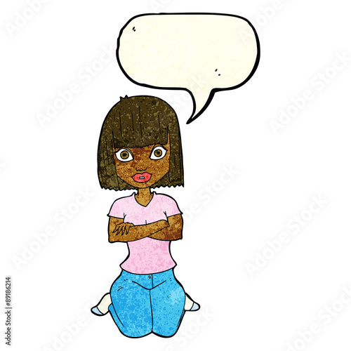 cartoon woman kneeling with speech bubble