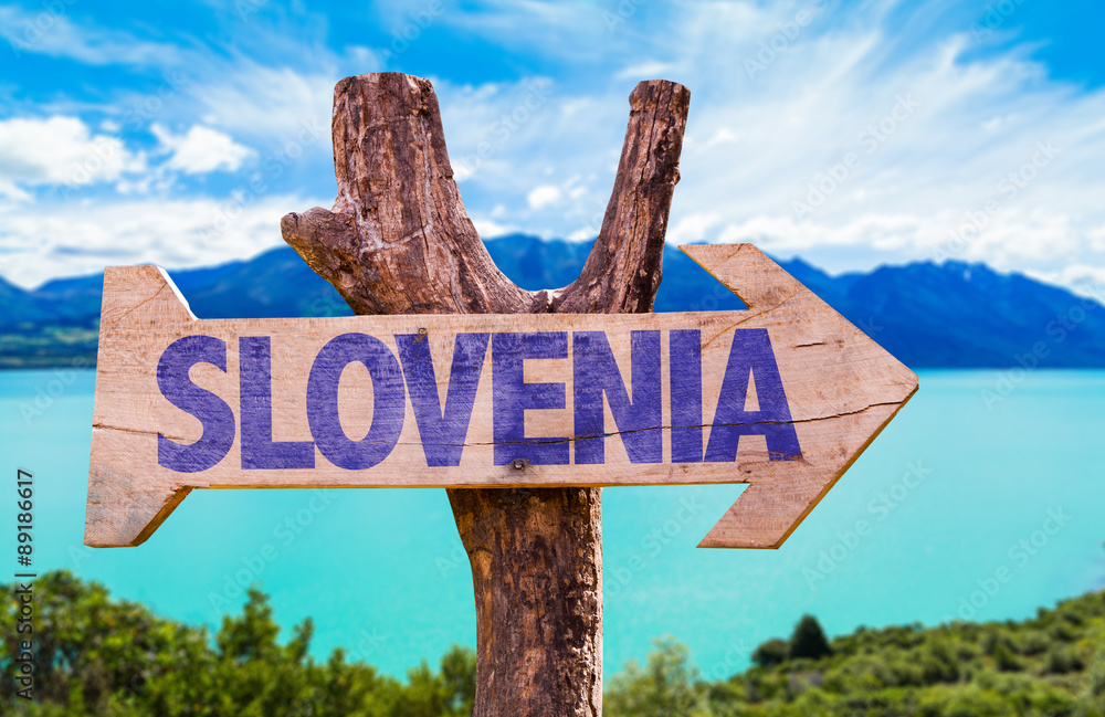 Slovenia wooden sign with lake background